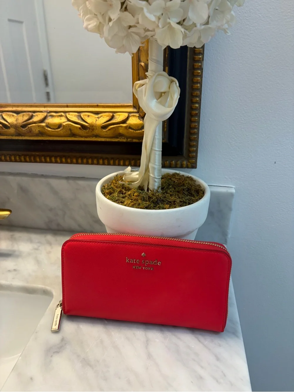 kate spade Geranium Frannie Zip-Around Saffiano Wallet with Gold Hardware